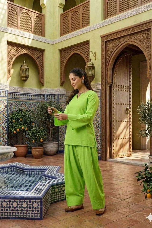 Green Solid Cotton Kurti Palazzo Set (ACA8403)