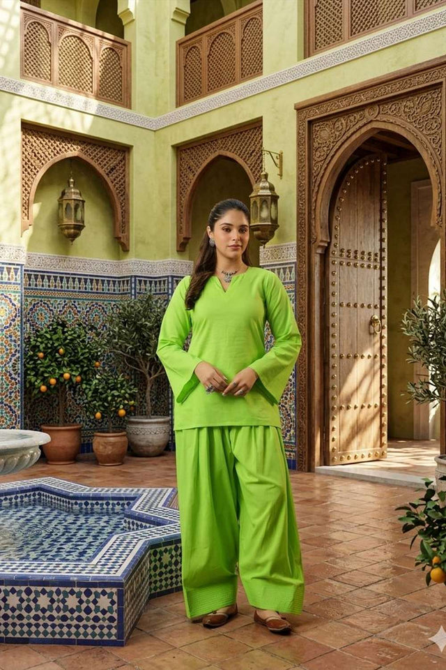 Green Solid Cotton Kurti Palazzo Set (ACA8403)