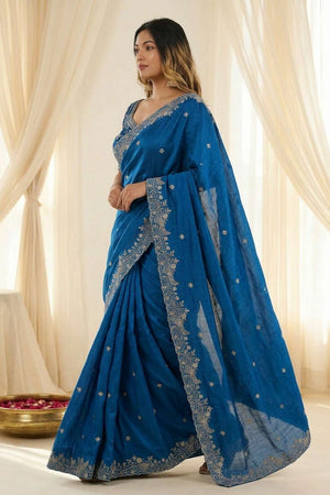 Turquoise Embroidered Satin Saree (ACA8413)