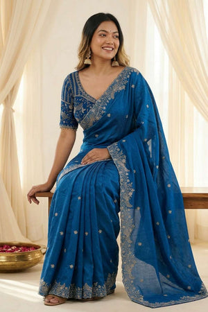 Turquoise Embroidered Satin Saree (ACA8413)