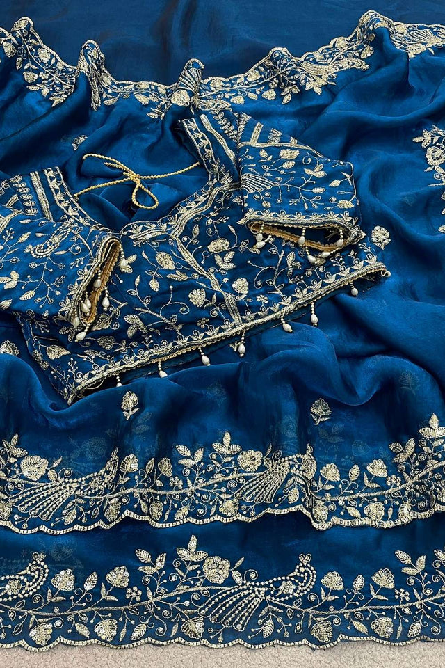 Turquoise Embroidered Satin Saree (ACA8413)