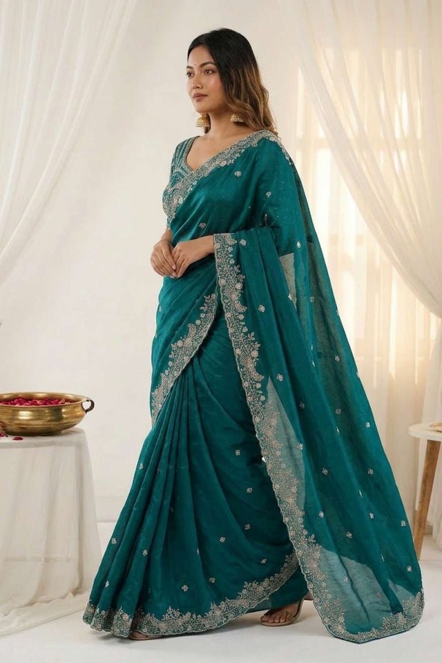 Green Embroidered Satin Saree (ACA8414)