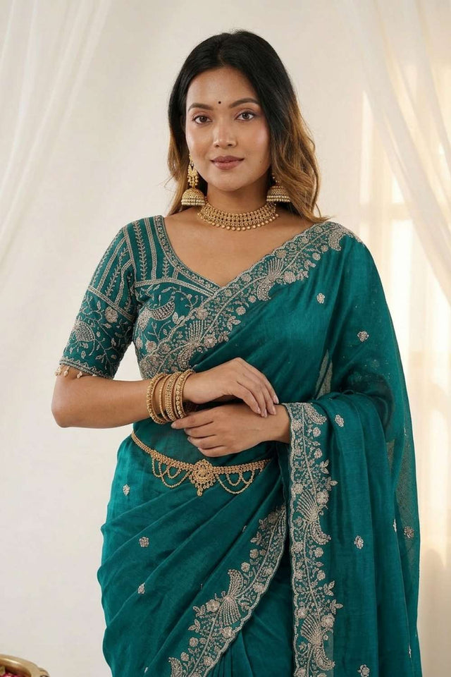 Green Embroidered Satin Saree (ACA8414)
