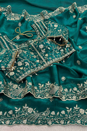 Green Embroidered Satin Saree (ACA8414)