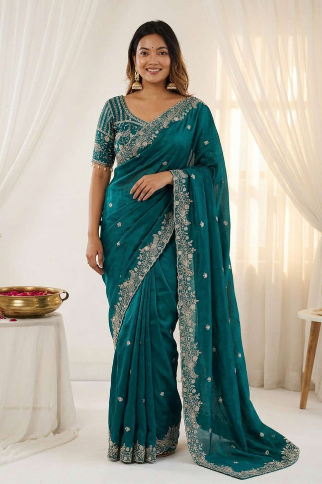 Green Embroidered Satin Saree (ACA8414)