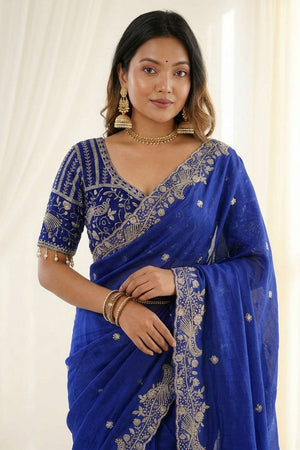 Royal-Blue Embroidered Satin Saree (ACA8415)