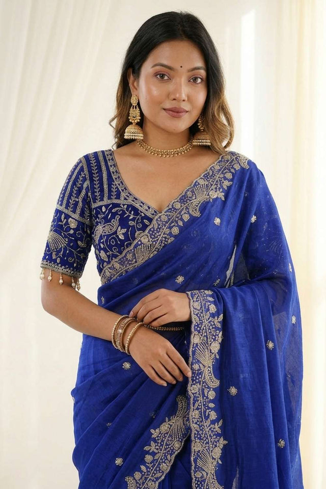 Royal-Blue Embroidered Satin Saree (ACA8415)