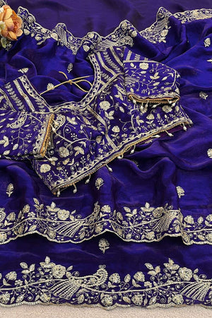 Royal-Blue Embroidered Satin Saree (ACA8415)