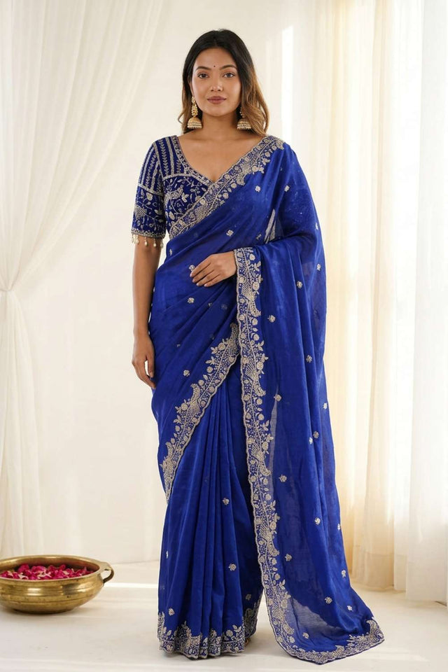Royal-Blue Embroidered Satin Saree (ACA8415)
