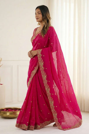 Pink Embroidered Satin Saree (ACA8416)