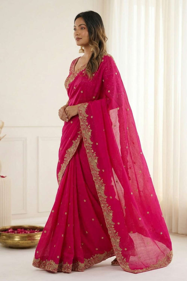 Pink Embroidered Satin Saree (ACA8416)