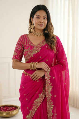 Pink Embroidered Satin Saree (ACA8416)