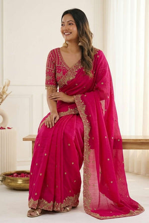 Pink Embroidered Satin Saree (ACA8416)