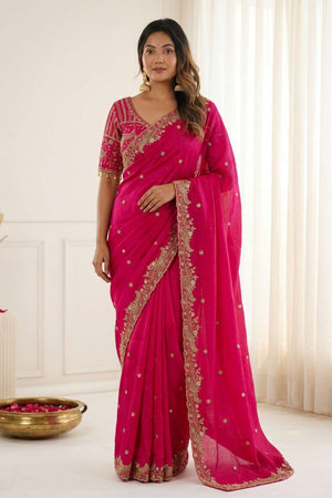 Pink Embroidered Satin Saree (ACA8416)