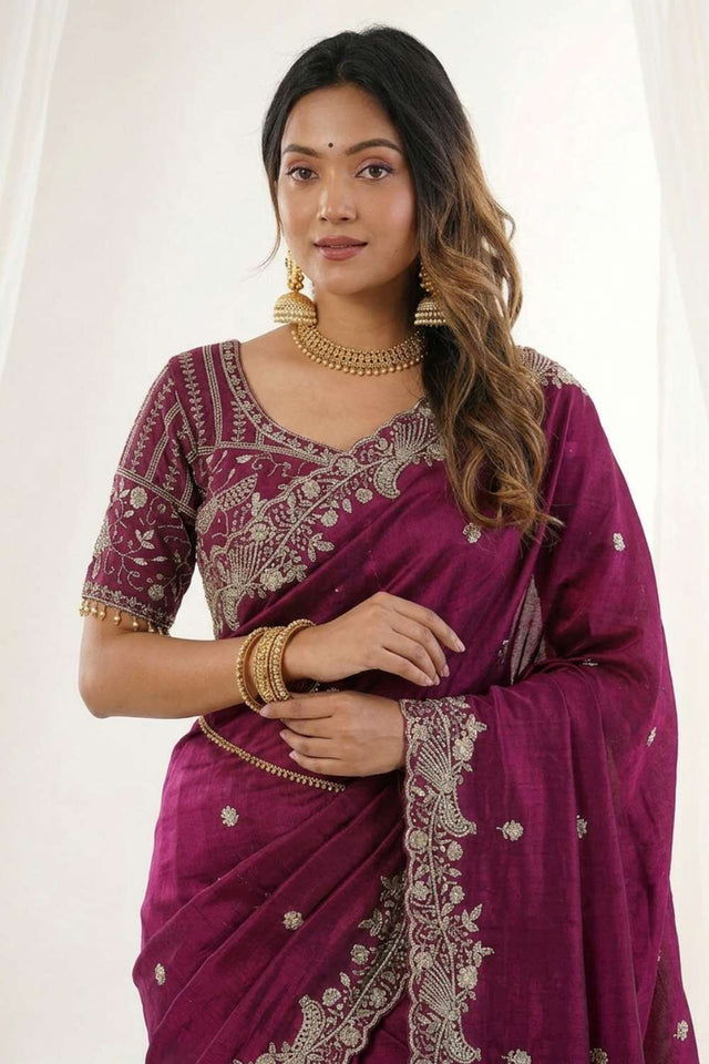 Maroon Embroidered Satin Saree (ACA8417)
