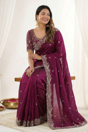Maroon Embroidered Satin Saree (ACA8417)