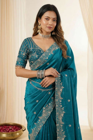Turquoise Embroidered Satin Saree (ACA8418)