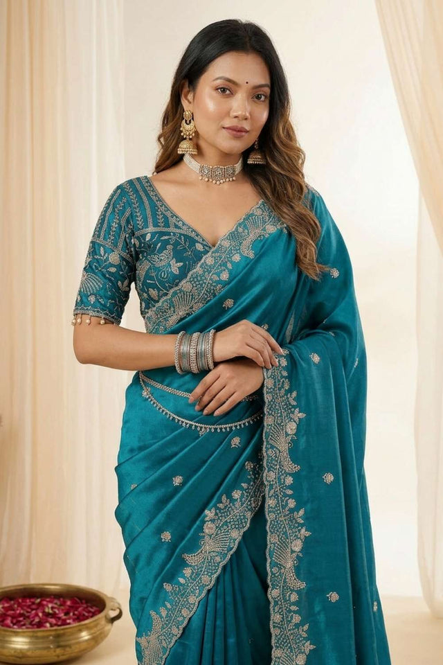 Turquoise Embroidered Satin Saree (ACA8418)