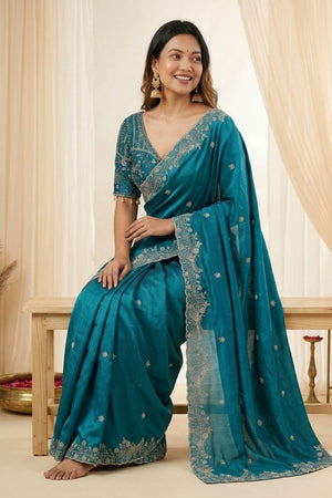 Turquoise Embroidered Satin Saree (ACA8418)