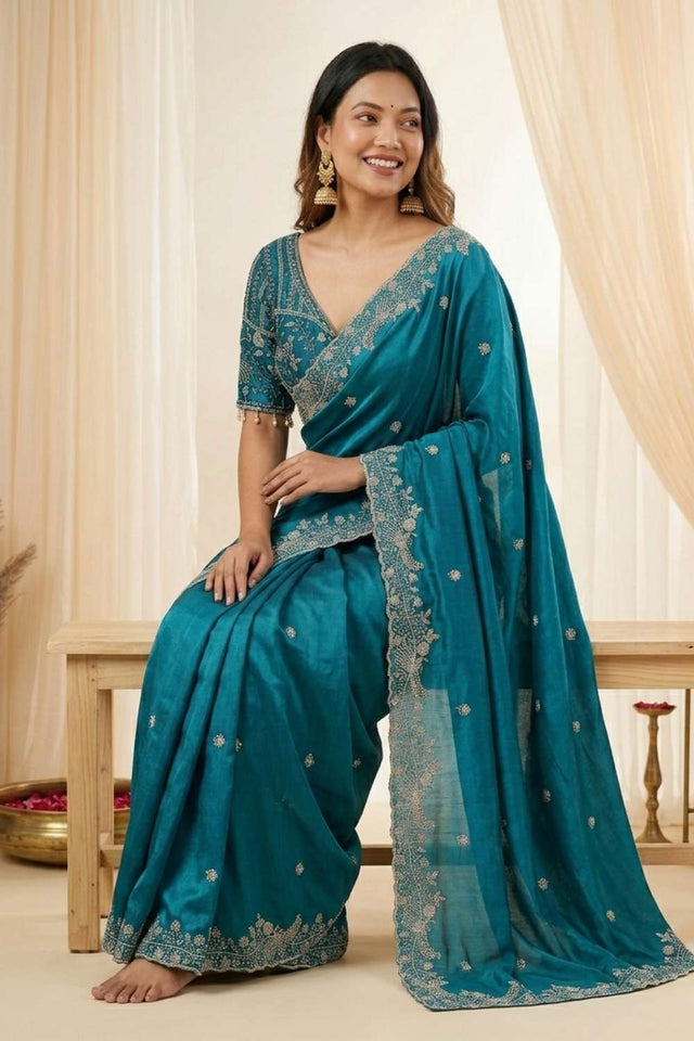 Turquoise Embroidered Satin Saree (ACA8418)