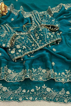 Turquoise Embroidered Satin Saree (ACA8418)
