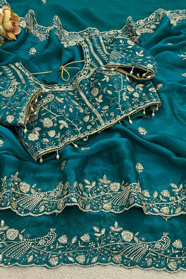 Turquoise Embroidered Satin Saree (ACA8418)