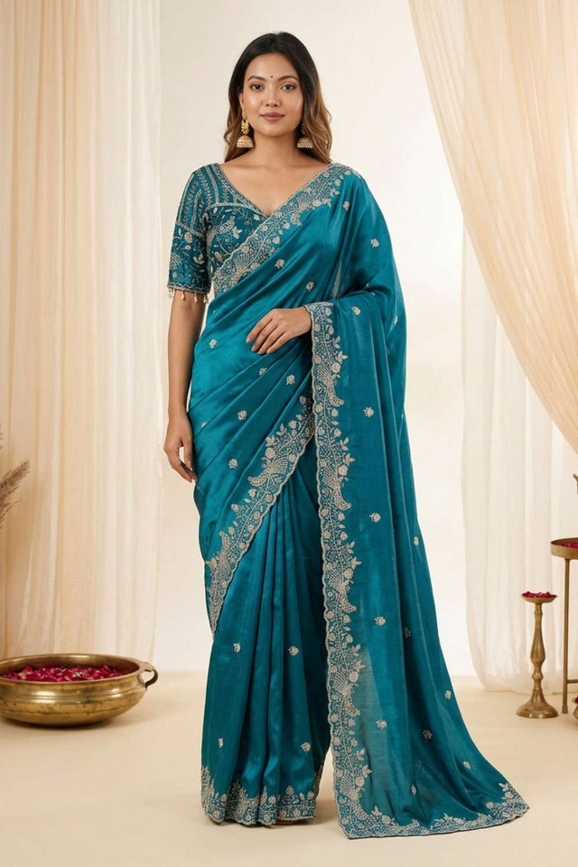 Turquoise Embroidered Satin Saree (ACA8418)