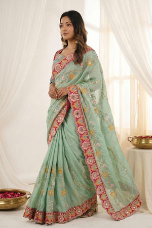 Green Embroidered Silk Saree (ACA8419)