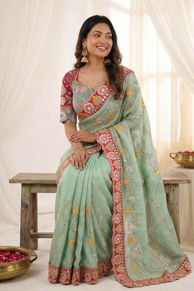 Green Embroidered Silk Saree (ACA8419)