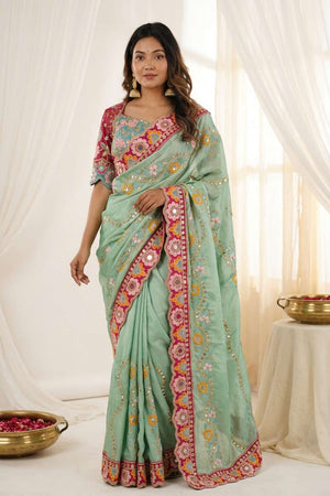 Green Embroidered Silk Saree (ACA8419)