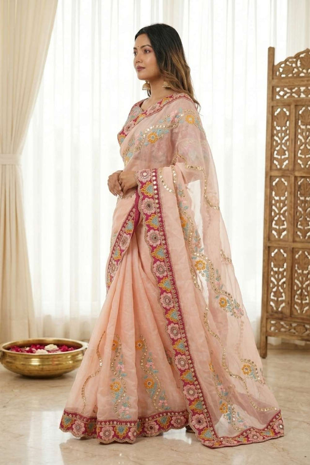 Peach Embroidered Silk Saree (ACA8421)