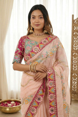 Peach Embroidered Silk Saree (ACA8421)
