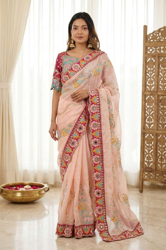 Peach Embroidered Silk Saree (ACA8421)