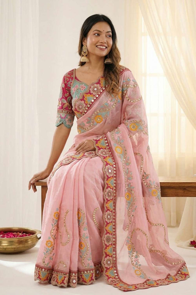 Pink Embroidered Silk Saree (ACA8422)