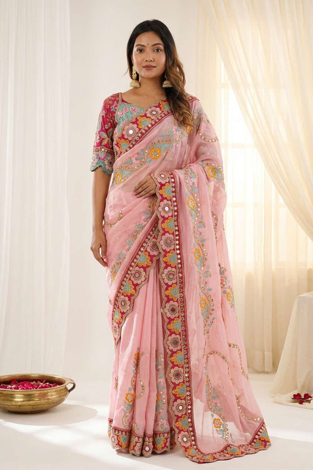 Pink Embroidered Silk Saree (ACA8422)