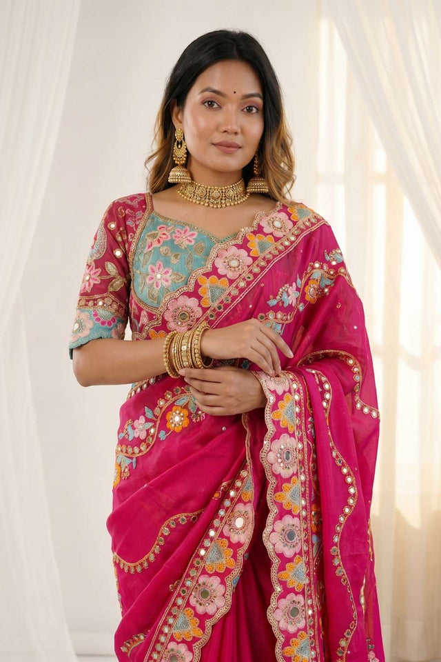 Pink Embroidered Silk Saree (ACA8423)