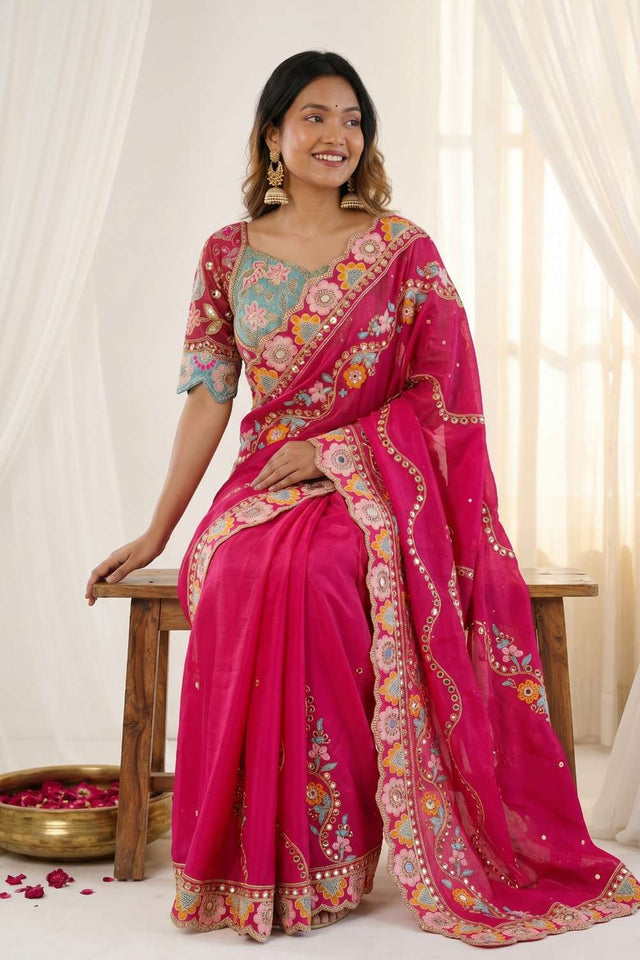 Pink Embroidered Silk Saree (ACA8423)