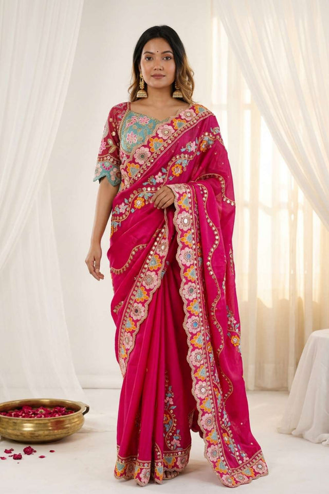 Pink Embroidered Silk Saree (ACA8423)