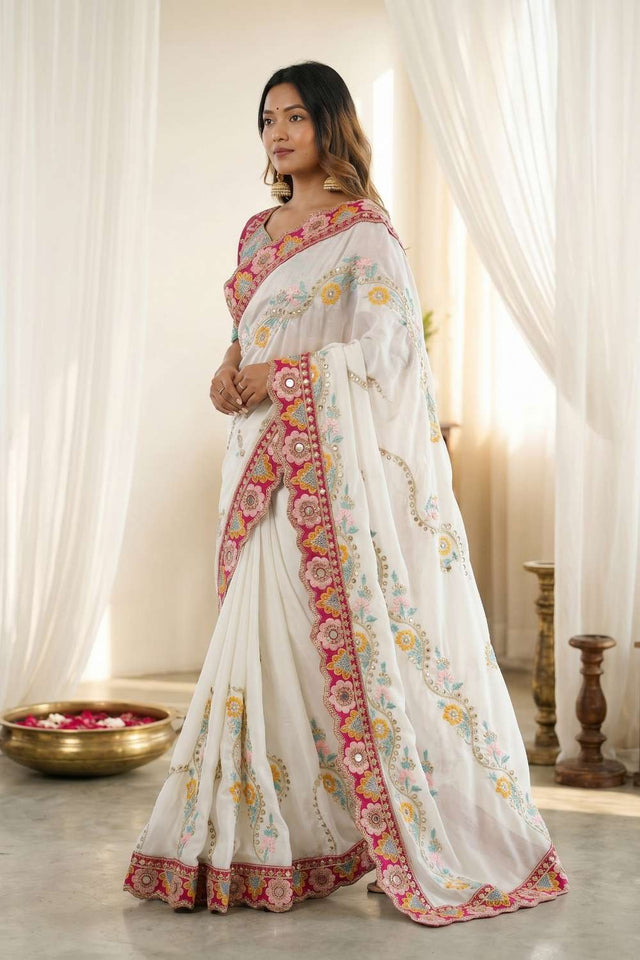 White Embroidered Silk Saree (ACA8424)