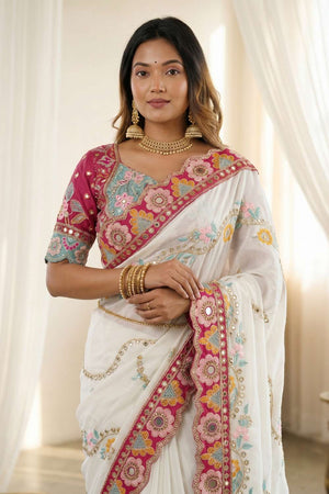 White Embroidered Silk Saree (ACA8424)