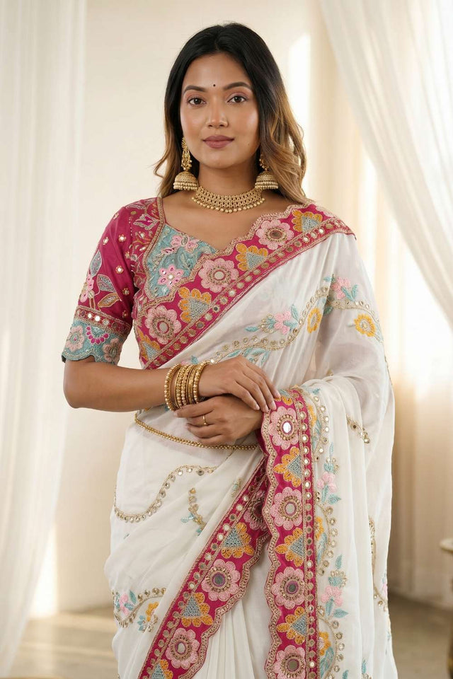 White Embroidered Silk Saree (ACA8424)
