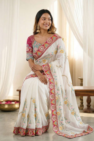 White Embroidered Silk Saree (ACA8424)