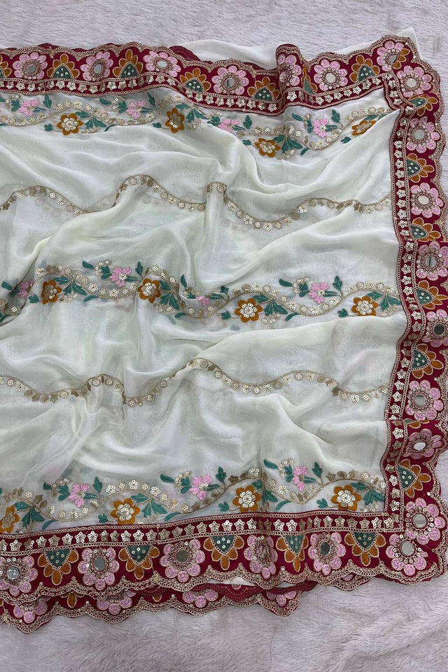 White Embroidered Silk Saree (ACA8424)