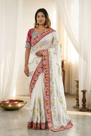 White Embroidered Silk Saree (ACA8424)