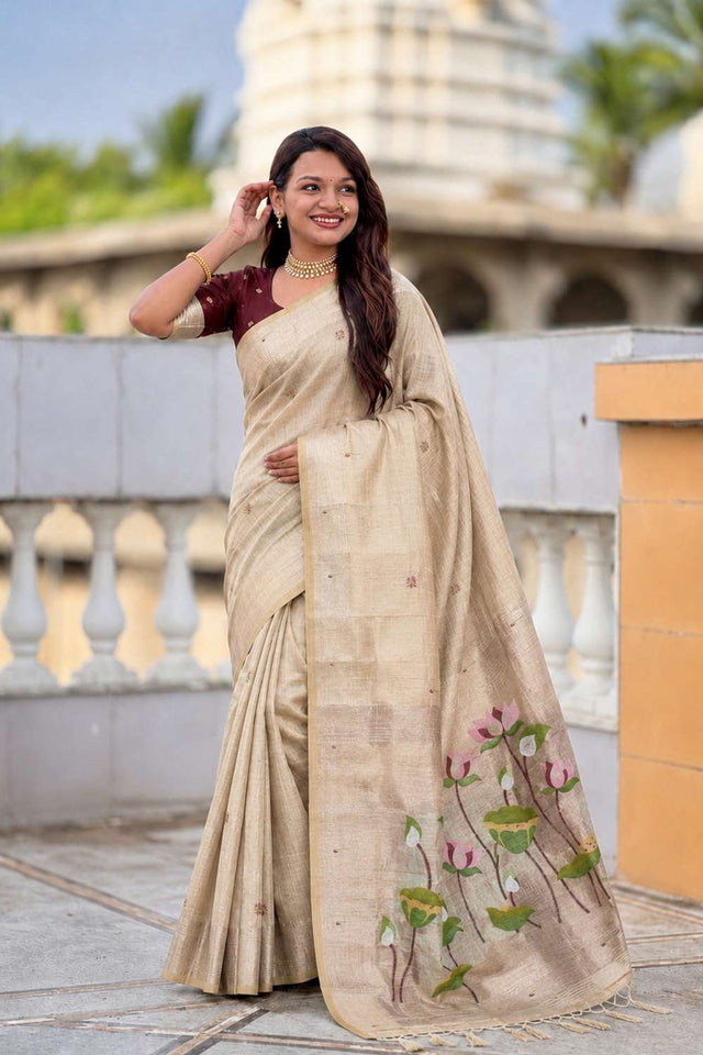 Cream Woven Cotton Blend Saree (ACA8439)