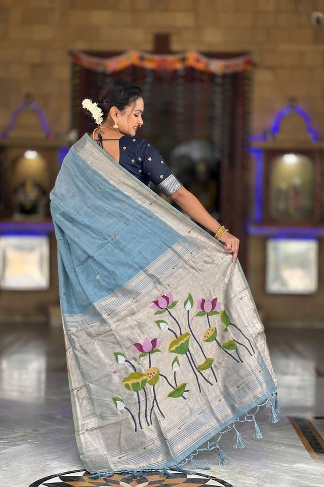Turquoise Woven Cotton Blend Saree (ACA8440)