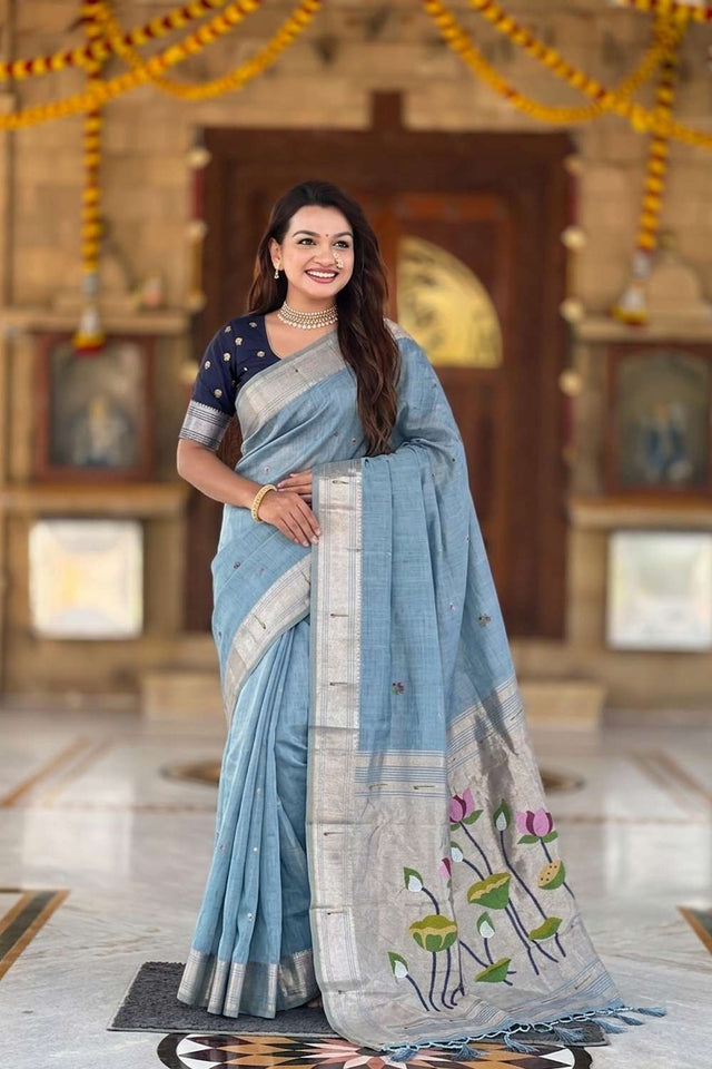 Turquoise Woven Cotton Blend Saree (ACA8440)