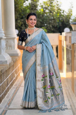 Turquoise Woven Cotton Blend Saree (ACA8440)