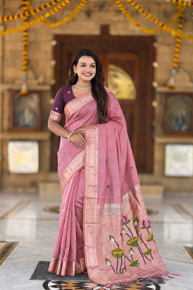 Pink Woven Cotton Blend Saree (ACA8442)