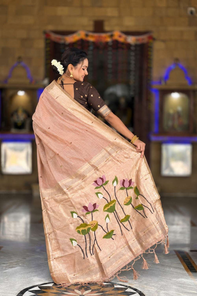 Peach Woven Cotton Blend Saree (ACA8444)